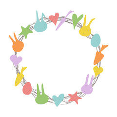 Easter wreath vector on white background isolated. Illustration of speckled bunnies, carrots, eggs, stars and hearts 