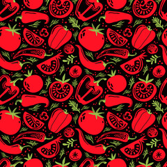 Seamless pattern doodle vegetables on dark background. Red and green pepper, hot chili, tomatoes, jalapeno, paprika, seeds, herbs. Vegetables cut half, piece. Farm products. Hand drawn illustration.