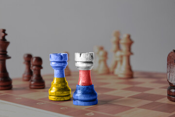 Game board with chess pieces on light background - Powered by Adobe