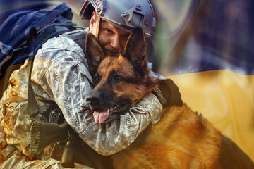 Soldier hugging military working dog outdoors