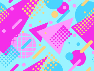 Memphis seamless pattern with geometric shapes in 80s style. Abstract colorful background design for brochures, banners and promotional items. Vector illustration
