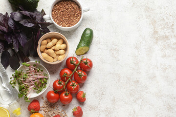 Set of healthy products on light background