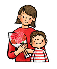 母の日　カーネーションを持つお母さんと子供（親子）