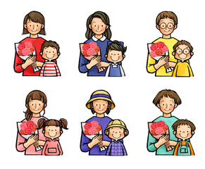 母の日　カーネーションを持つお母さんと子供（親子）