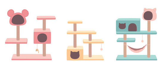 Cat tree with cat house, luxury colorful rooms for animals. Cat tower, scratching post and hammock. A set of furniture for kittens, with toys in the form of mice. Flat vector illustrations isolated.