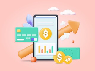 Smartphone with chart, bank card, increasing arrow, money, 3d vector illustration. Financial growth, finance income.