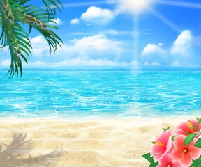 Fototapeta na wymiar 太陽の光差し込む青い空の下、浜辺にヤシの木とハイビスカスの咲く夏の海の煌めくおしゃれフレーム背景素材