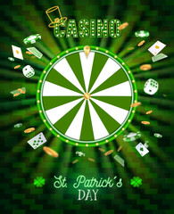St. Patrick's day roulette. Green wheel of fortune with golden coins and chips.