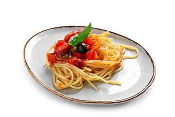 Plate with tasty Pasta Puttanesca on white background