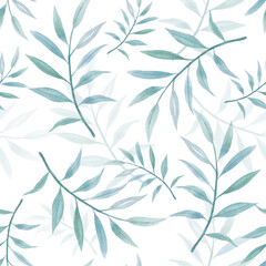 Fototapeta premium Watercolor patterns with palm leaves. Hand painted exotic greenery branch. Botanical illustrations. For design, print or background.