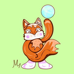 Vector funny smiling fox playing with a blue stripy ball on spring or summer day. Fox sportsman, football player dressed in pink socks and throwing a ball. 