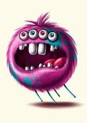 Funny cartoon fluffy eyed pink screaming monster