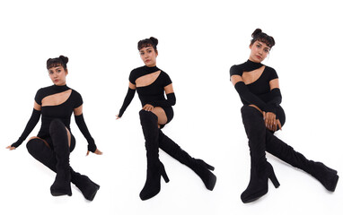 20s Asian Indian Arab Woman wear black dress braided hair and long boots shoes on white background