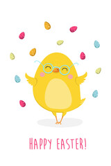 Easter card with cute chickens . Easter greeting card. Vector illustration.