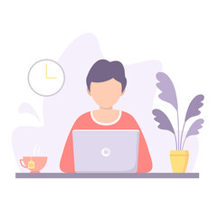 Man working on a computer in office. Vector flat modern style illustration