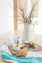 Bright Served breakfast in light trendy interior decor. Appetizers, snack, brunch in restaurant or hotel. Delicious healthy food