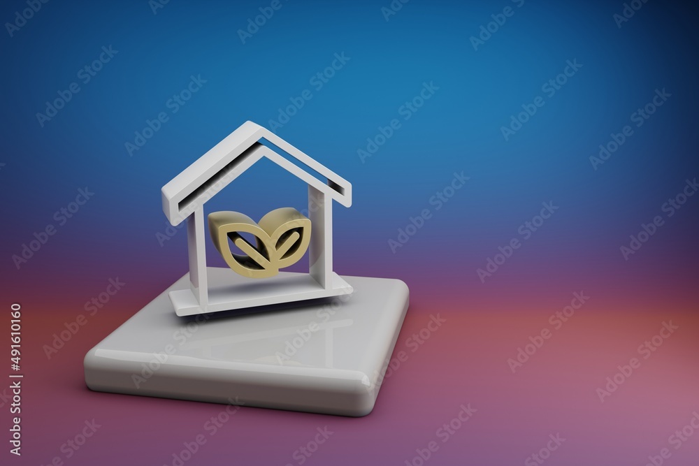 Aufkleber Beautiful abstract illustrations house clean energy symbol icon on a  ceramic stand and bright colored background. 3d rendering illustration. Background pattern for design. Save Ecological.
