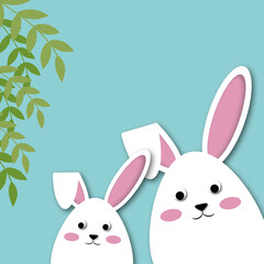 White rabbits with leaf on pastel blue Background, Holiday illustration for greeting card of Easter’s Day, space for the text. paper cut design style.