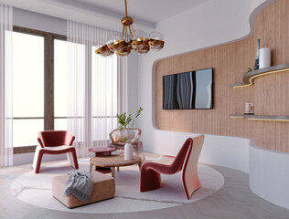 3d rendering,3d illustration, Interior Scene and Frame mockup,The living room is decorated with wooden wall decorations.