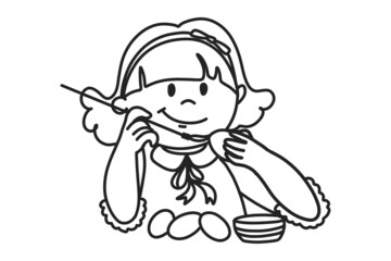 Illustration of cute kid painting Easter eggs. Black and white illustration that can be used for Easter coloring books.