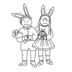 Illustration of cute kids standing with Easter eggs and flowers in his hands. Black and white art that can be used for Easter coloring books.