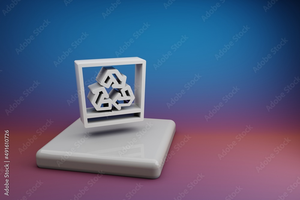 Leinwandbilder Beautiful abstract illustrations Recycle  symbol icon on a  ceramic stand and bright colored background. 3d rendering illustration. Background pattern for design. Save Ecological.