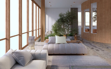 3d rendering,3d illustration, Interior Scene and Frame mockup,The view of the living room overlooking the green garden corner, large windows.