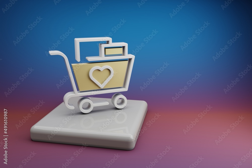 Poster beautiful abstract illustrations shopping cart and heart symbol icon on a ceramic stand and bright c