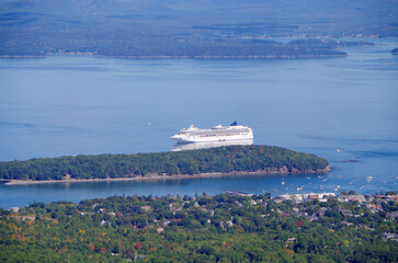 Panoramic scenic landscape view of coast and Indian summer stage fall season in Acadia National...