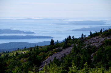 Panoramic scenic landscape view of coast and Indian summer stage fall season in Acadia National...