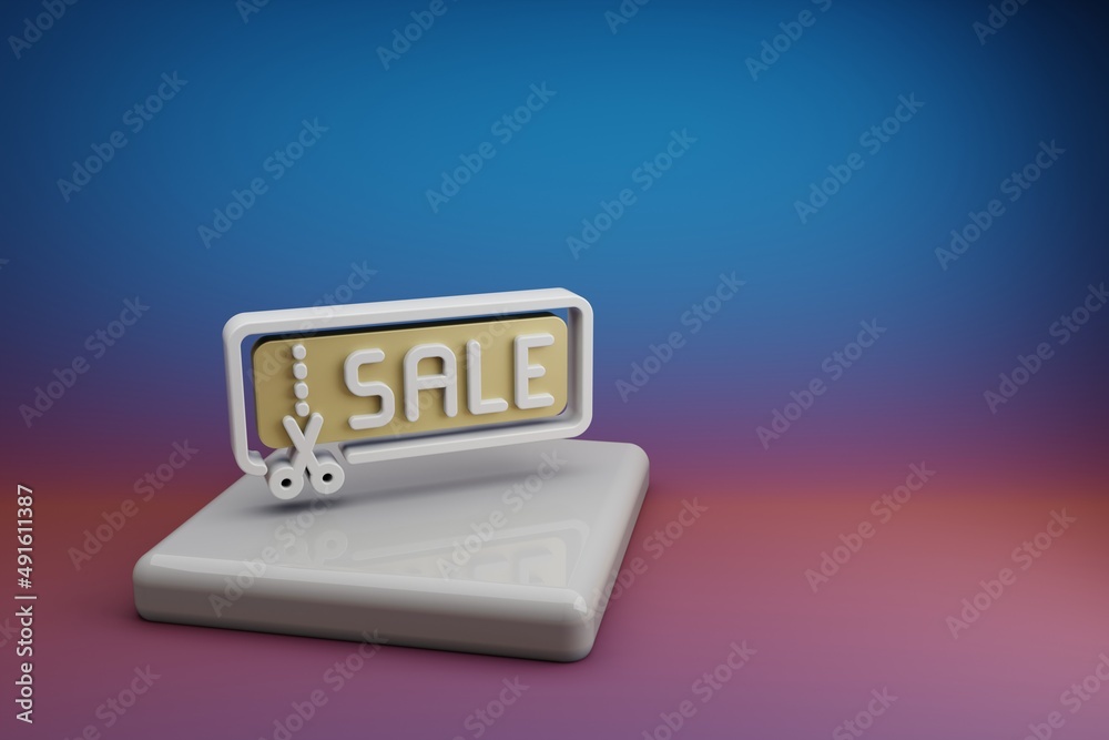 Poster beautiful abstract illustrations sale badge symbol icon on a ceramic stand and bright colored backgr