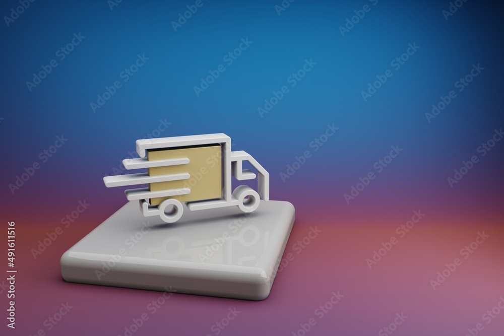 Poster beautiful abstract illustrations delivery truck symbol icon on a ceramic stand and bright colored ba
