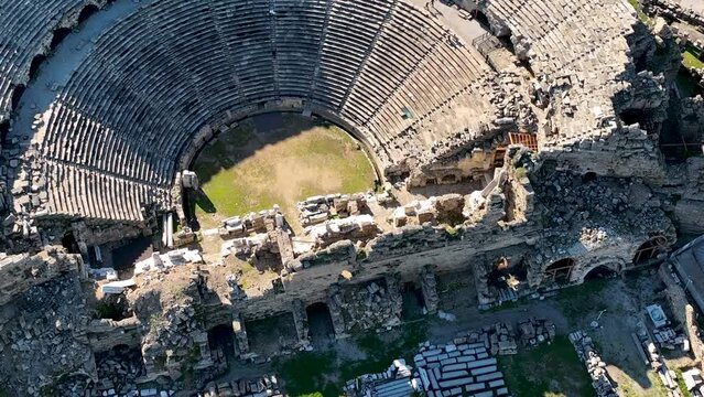 Aerial Footage of the Antique Theater 4 K . Side, Turkey
