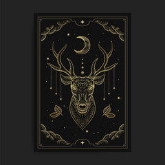 Deer head eclipse with engraving, hand drawn, luxury, celestial, esoteric, boho style, fit for spiritualist, religious, paranormal, tarot reader, astrologer or tattoo - obrazy, fototapety, plakaty