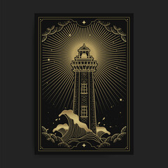 Lighthouse in the middle of the sea with waves and storm clouds, illustration with esoteric, boho, spiritual, geometric, astrology, magic themes, for tarot reader card or posters - obrazy, fototapety, plakaty