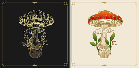 Mushroom or fungus Russula aurea with engraving, hand drawn, luxury, celestial, esoteric, boho style, fit for spiritualist, religious, paranormal, tarot reader, astrologer or tattoo - obrazy, fototapety, plakaty