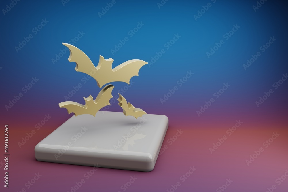 Aufkleber Beautiful abstract illustrations Golden Halloween bats symbol icon on a  ceramic stand and bright colored background. 3d rendering illustration. Background pattern for design..
