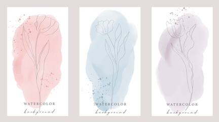 Set of vector universal backgrounds with watercolor shapes copy space for text and flowers. Design for social media, story, card, invitation, feed post.