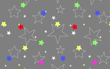 Seamless pattern of a children's room for children and adults with colored stars on a gray background. Perfect for fabric, textiles, pajamas, nursery decoration, baby shower. Surface pattern design. 