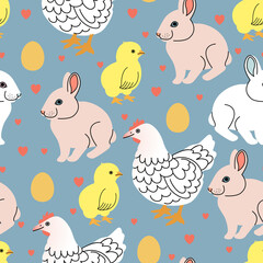 Cute seamless Easter vector pattern with bunnies, hens and chicks