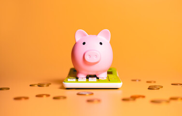 A piggy bank over a green calculator with scattered coins isolated on orange background in studio photography. Concepts of saving money, finance and investments. - obrazy, fototapety, plakaty