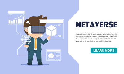 Young businessman using an innovative virtual reality device exploring graph, chart, and digital data. Metaverse concept Vector illustration flat design for banner, poster, and background.