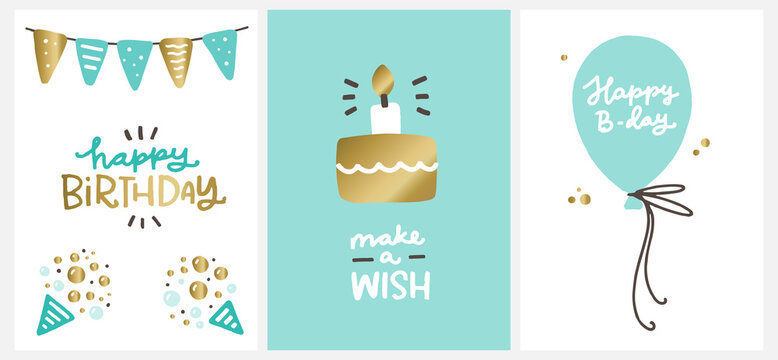 Mint and gold Birthday card set. Vector hand drawn graphic and greeting phrases.