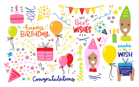 Colourful Birthday clipart set with cute kids cartoon characters, cake, candles, gift box in hands, party balloons, throw cones and confetti.