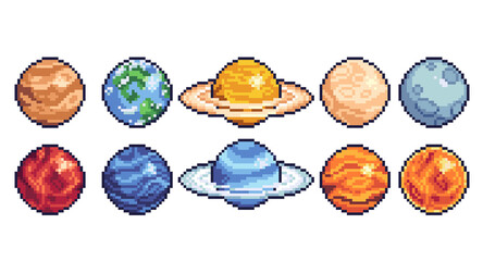 Planets of Solar system pixel art icon set. Astronomical observatory logo collection. 8-bit sprite. Game development, mobile app.  Isolated vector illustration. © SickleMoon
