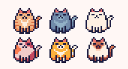 Different colors cats pixel art icon set. Kitty breeds logo collection. 8-bit sprite. Game development, mobile app.  Isolated vector illustration.