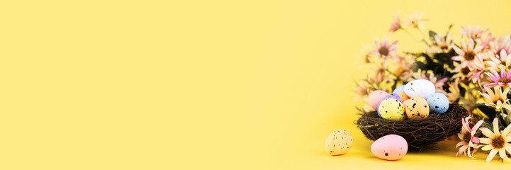 Colorful easter quail eggs in nest and spring chrysanthemum flowers on yellow background. Copy space. Minimal Easter concept. Banner