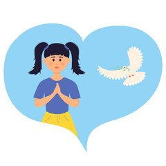 A little girl prays and a white dove flies in the heart. International Day of Peace. 