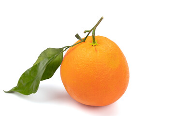 a clementine with leaves isolated on a white background