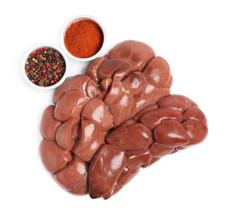 Fresh raw kidney meat and spices on white background